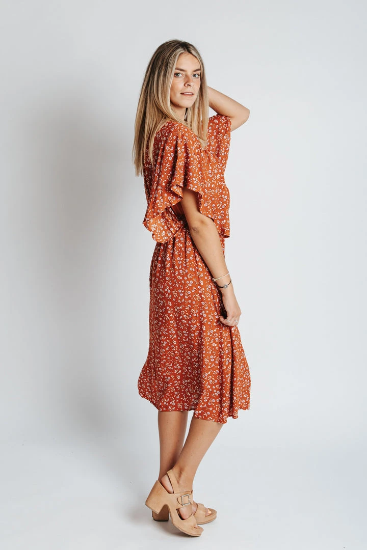 Piper & Scoot: The Campbell Dolman Sleeve Midi Dress In Rust Floral