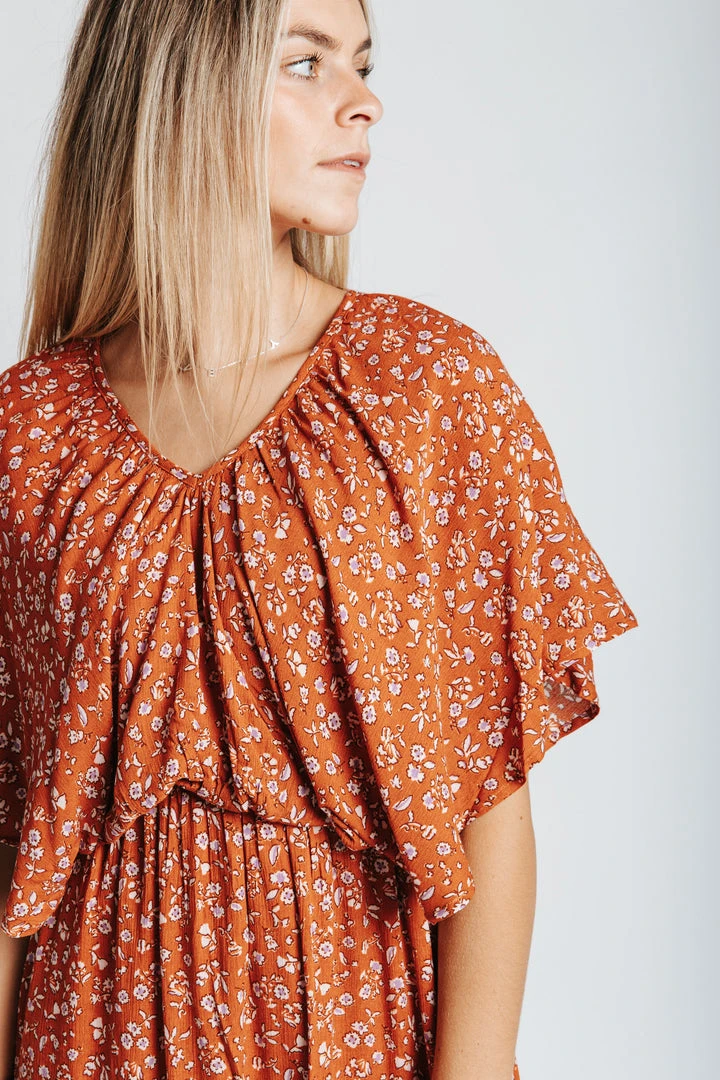 Piper & Scoot: The Campbell Dolman Sleeve Midi Dress In Rust Floral
