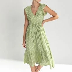 Piper & Scoot Dresses The Dover Ruffle Detail Midi Dress In Chartreuse