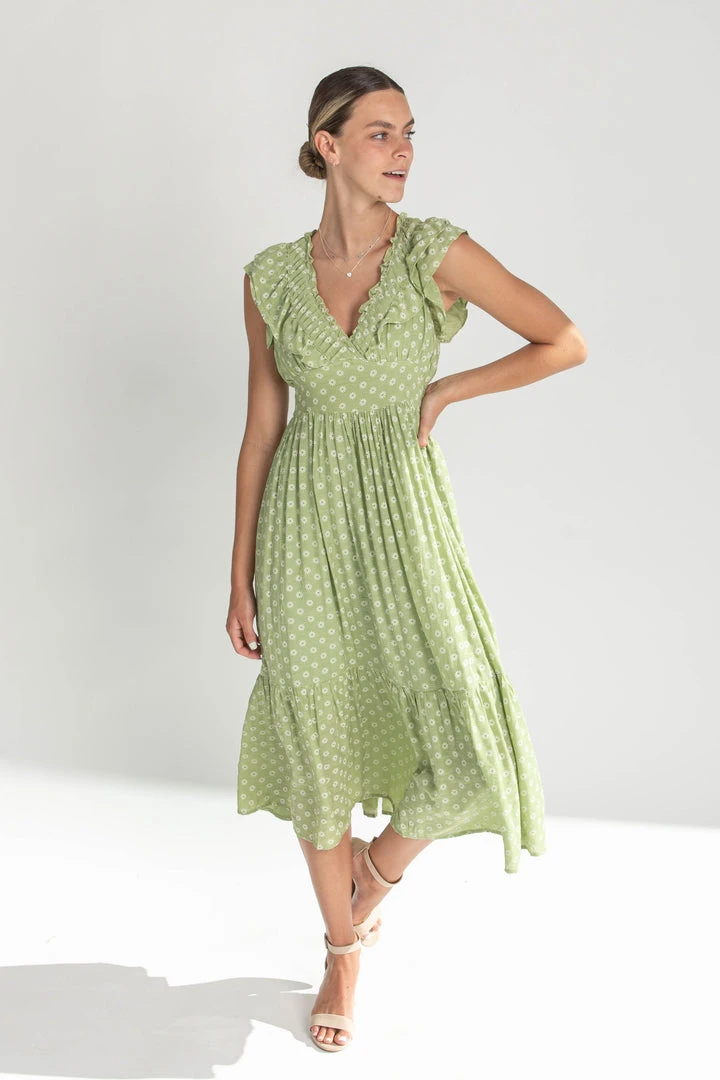 Piper & Scoot Dresses The Dover Ruffle Detail Midi Dress In Chartreuse