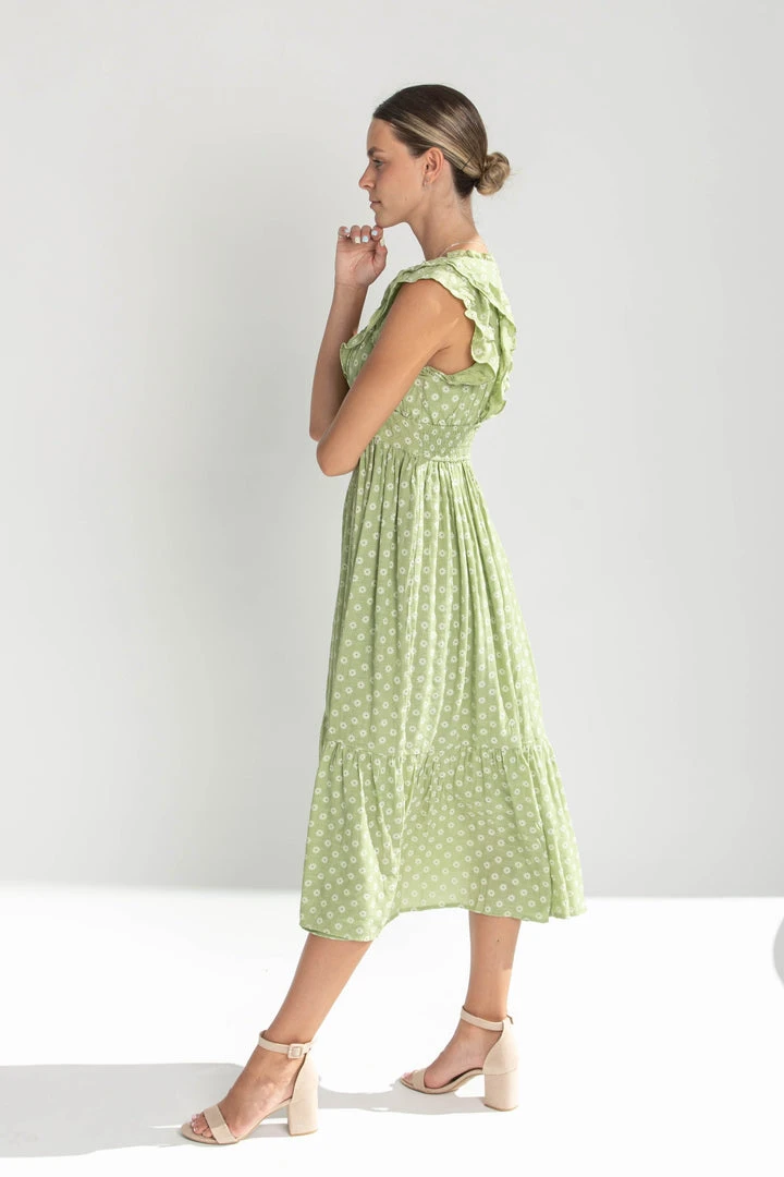 Piper & Scoot Dresses The Dover Ruffle Detail Midi Dress In Chartreuse