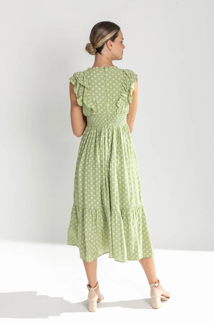 Piper & Scoot Dresses The Dover Ruffle Detail Midi Dress In Chartreuse