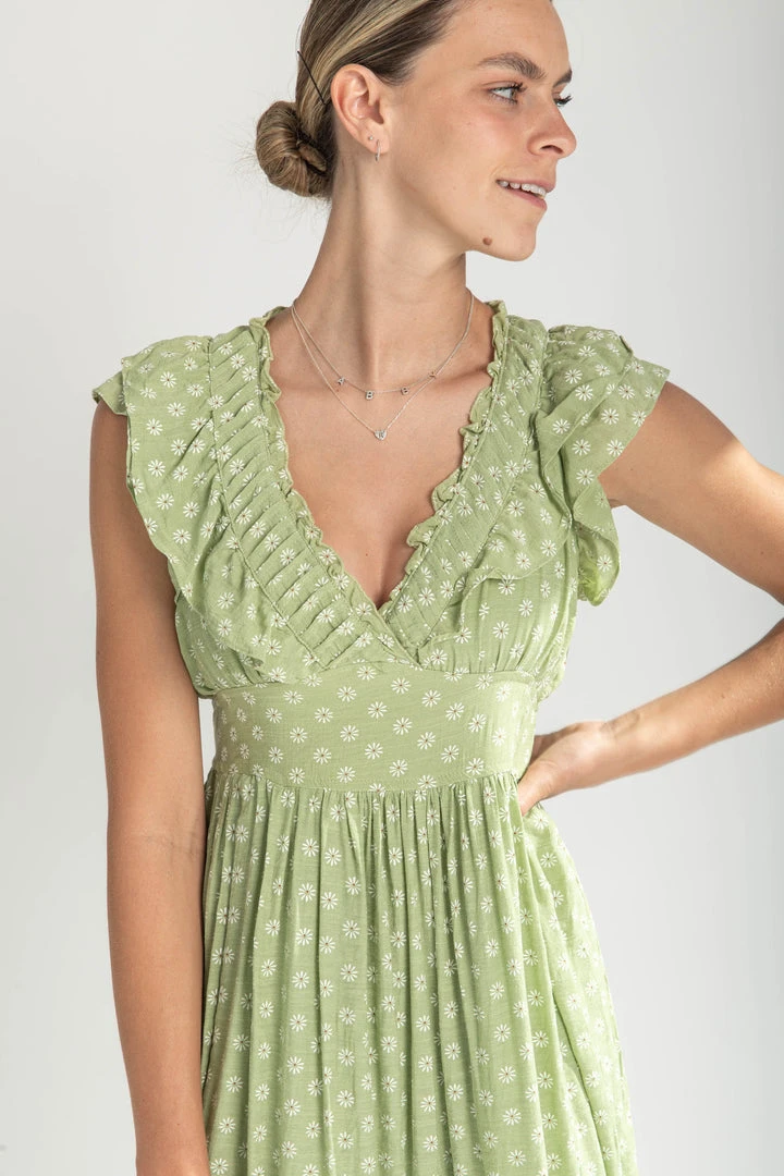 Piper & Scoot Dresses The Dover Ruffle Detail Midi Dress In Chartreuse