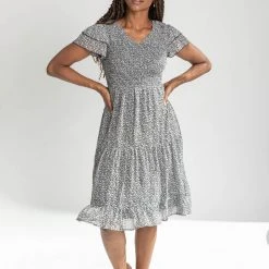 Piper & Scoot The Geraldine Ruffle Smocked Midi Dress In Black Dresses