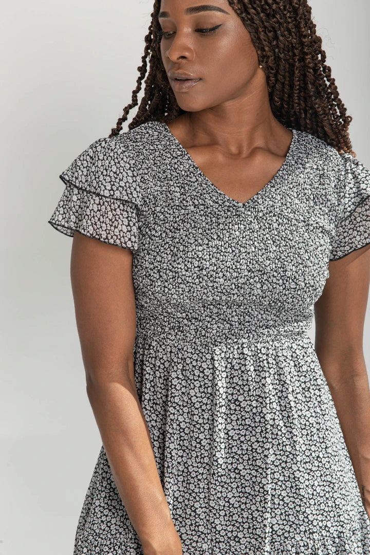 Piper & Scoot The Geraldine Ruffle Smocked Midi Dress In Black Dresses