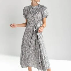 Piper & Scoot Dresses The Ramada Draped Neck Midi Dress In Grey