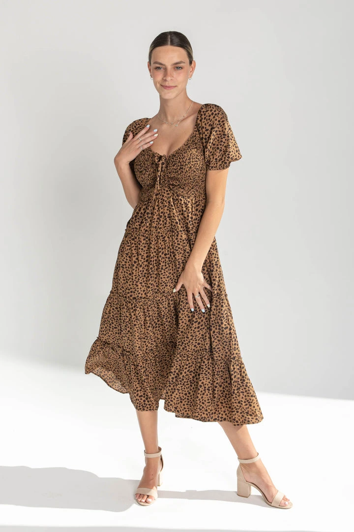 Piper & Scoot The Lanie Spotted Midi Dress In Brown