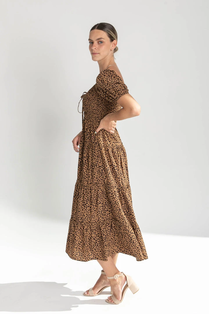 Piper & Scoot The Lanie Spotted Midi Dress In Brown
