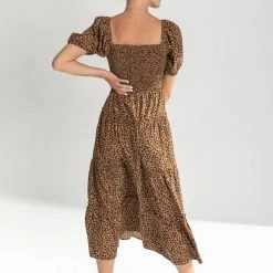 Piper & Scoot The Lanie Spotted Midi Dress In Brown