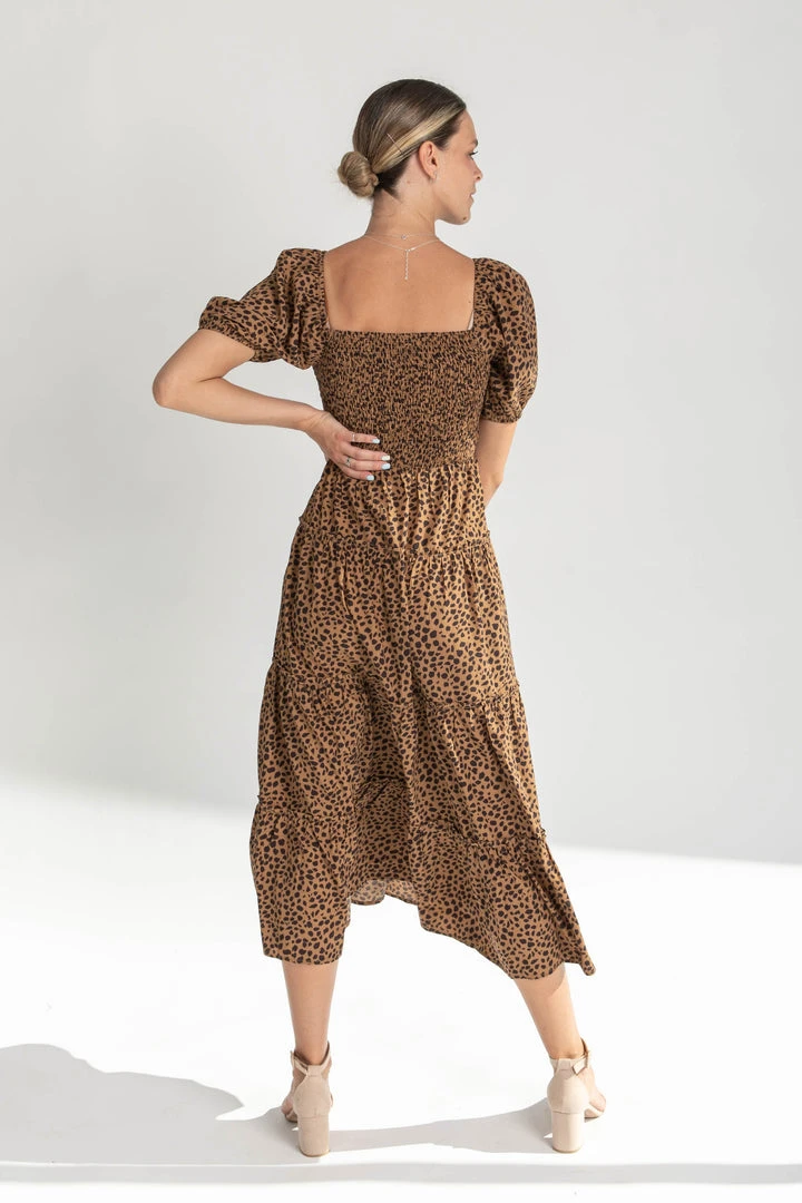 Piper & Scoot The Lanie Spotted Midi Dress In Brown