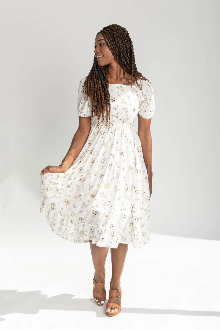 Piper & Scoot The Dahlia Floral Detail Dress In Cream Dresses