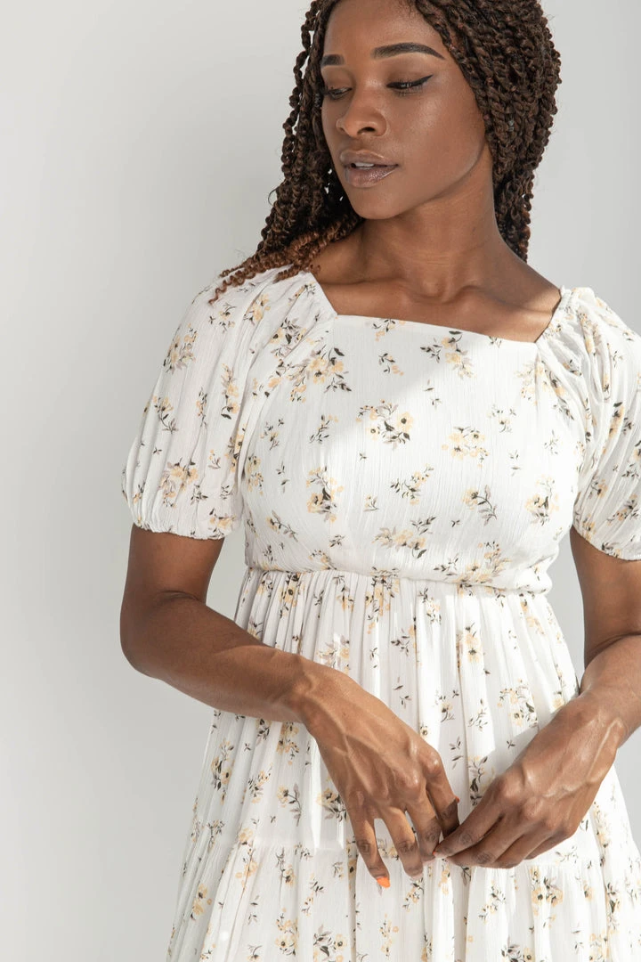 Piper & Scoot The Dahlia Floral Detail Dress In Cream Dresses