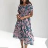 Piper & Scoot The Dallin Smocked Floral Midi Dress In Teal Dresses