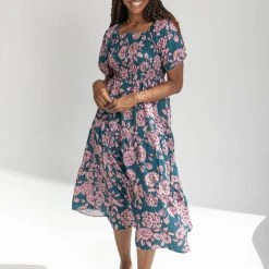Piper & Scoot The Dallin Smocked Floral Midi Dress In Teal Dresses