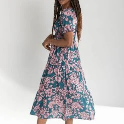 Piper & Scoot The Dallin Smocked Floral Midi Dress In Teal Dresses