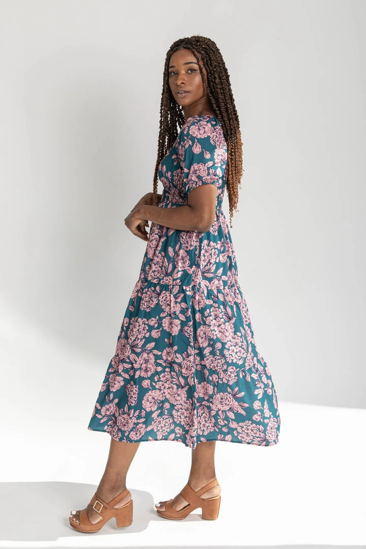 Piper & Scoot The Dallin Smocked Floral Midi Dress In Teal Dresses