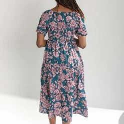 Piper & Scoot The Dallin Smocked Floral Midi Dress In Teal Dresses