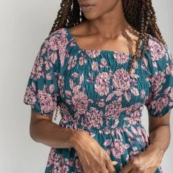 Piper & Scoot The Dallin Smocked Floral Midi Dress In Teal Dresses