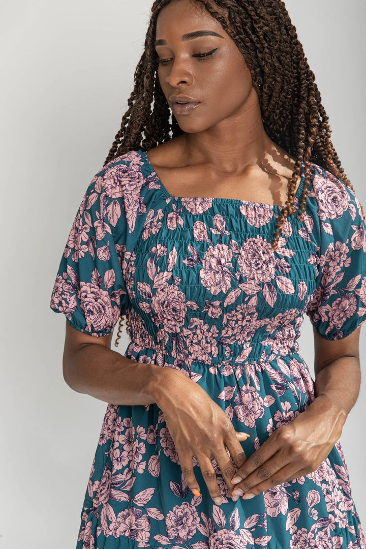 Piper & Scoot The Dallin Smocked Floral Midi Dress In Teal Dresses
