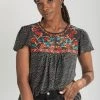Piper & Scoot The Avis Animal Print Embroidered Blouse In Black Tops