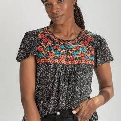 Piper & Scoot The Avis Animal Print Embroidered Blouse In Black Tops