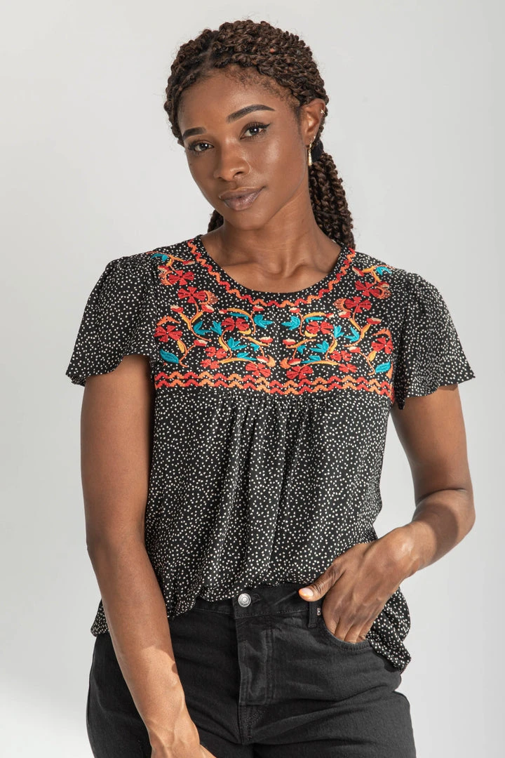 Piper & Scoot The Avis Animal Print Embroidered Blouse In Black Tops
