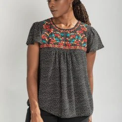 Piper & Scoot The Avis Animal Print Embroidered Blouse In Black Tops