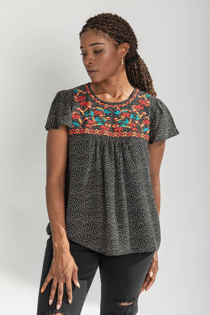 Piper & Scoot The Avis Animal Print Embroidered Blouse In Black Tops