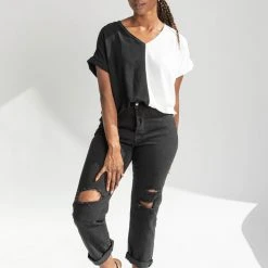 Piper & Scoot The Dorothea Two Tone Blouse In Black + White Tops