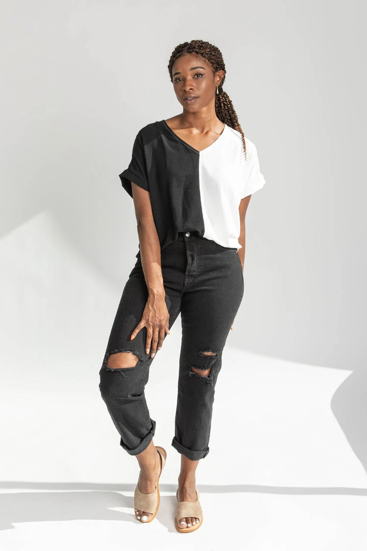 Piper & Scoot The Dorothea Two Tone Blouse In Black + White Tops