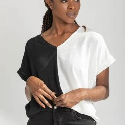 Piper & Scoot The Dorothea Two Tone Blouse In Black + White Tops