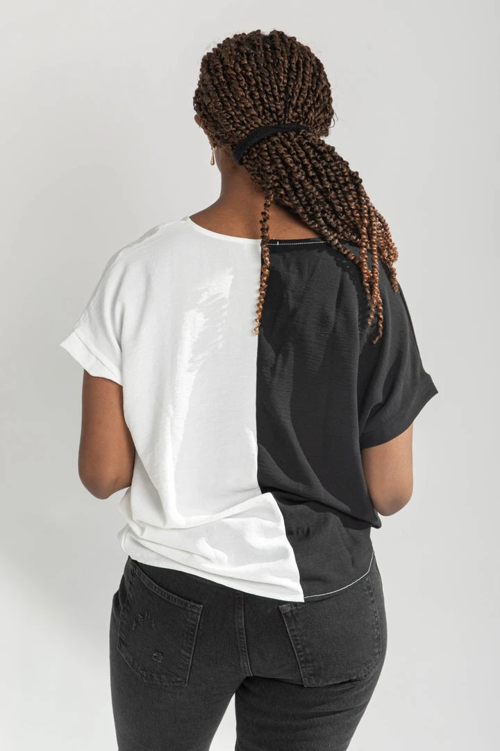 Piper & Scoot The Dorothea Two Tone Blouse In Black + White Tops