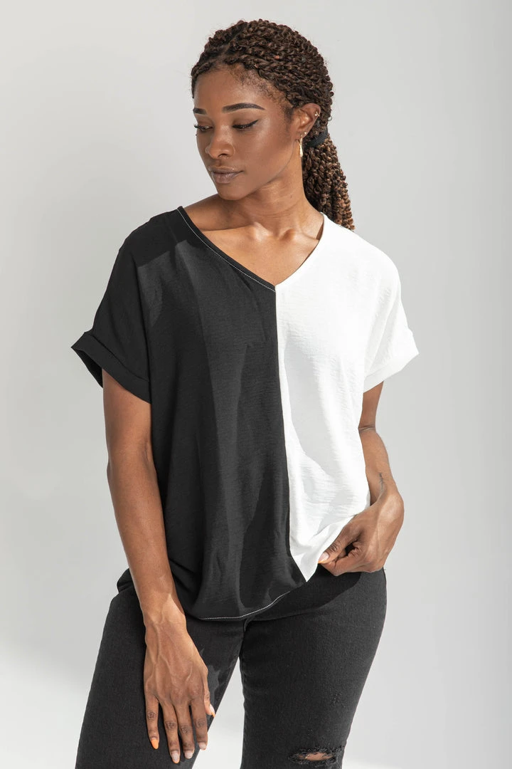 Piper & Scoot The Dorothea Two Tone Blouse In Black + White Tops