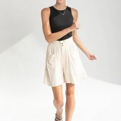 Piper & Scoot The Kiana Woven Paperbag Shorts In Cream Bottoms + Jumpsuits