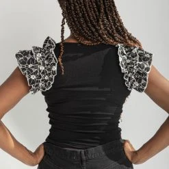 Piper & Scoot The Chrisanta Ruffle Sleeve Blouse In Black Tops