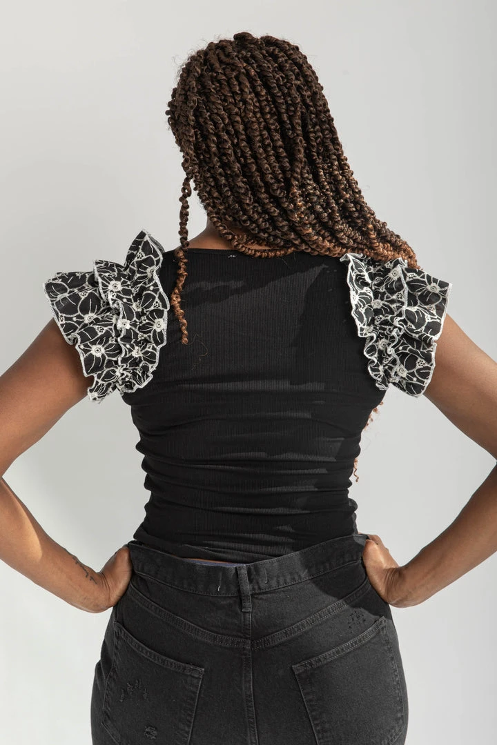 Piper & Scoot The Chrisanta Ruffle Sleeve Blouse In Black Tops