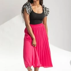 Piper & Scoot The Plano Pleated Chiffon Skirt In Bright Pink Bottoms + Jumpsuits