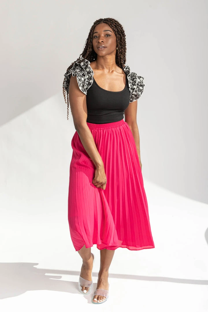 Piper & Scoot The Plano Pleated Chiffon Skirt In Bright Pink Bottoms + Jumpsuits
