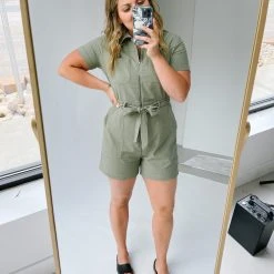 Piper & Scoot The Della Zip Front Short Overall In Olive