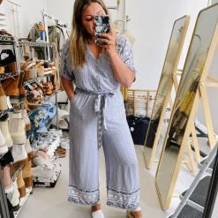 Piper & Scoot The Stutz Patterned Jumpsuit In Denim Blue Bottoms + Jumpsuits
