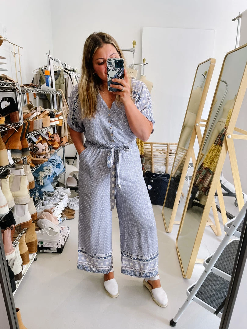Piper & Scoot The Stutz Patterned Jumpsuit In Denim Blue Bottoms + Jumpsuits