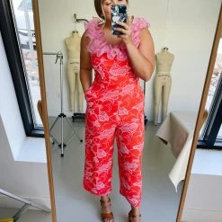 Piper & Scoot The Sammy Square Neck Jumpsuit In Red + Pink Bottoms + Jumpsuits