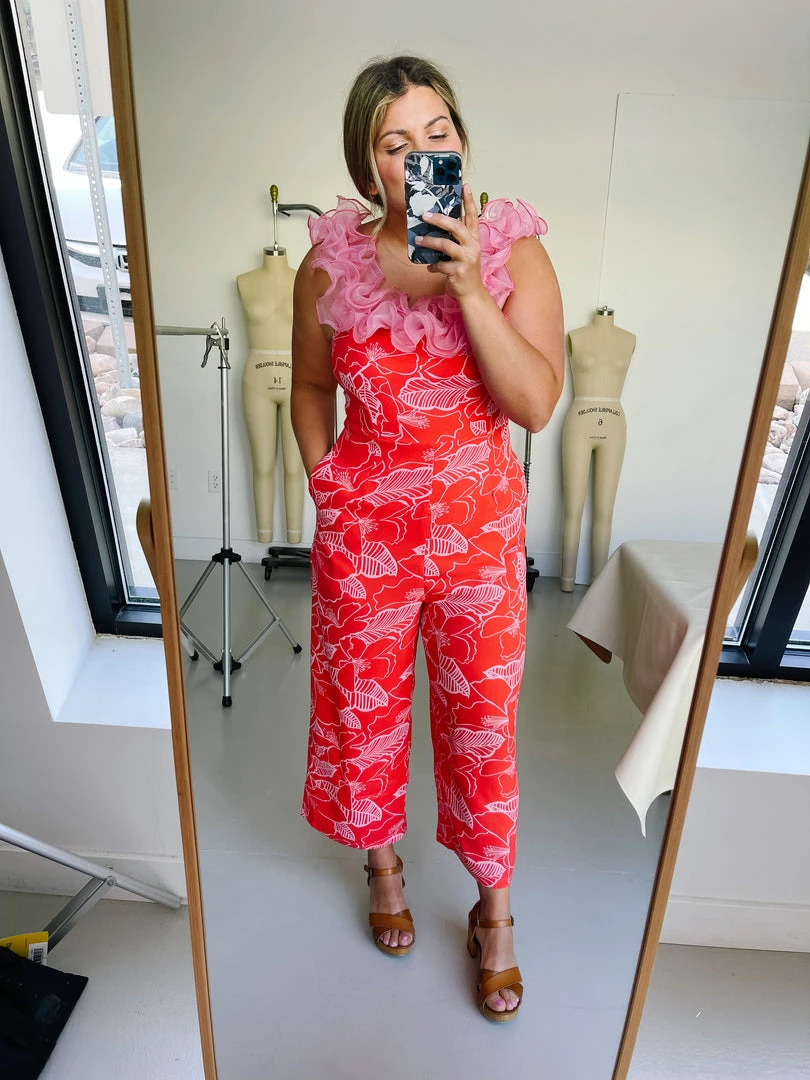 Piper & Scoot The Sammy Square Neck Jumpsuit In Red + Pink Bottoms + Jumpsuits