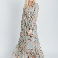 Piper & Scoot The Moulton Floral Maxi Dress In Dusty Blue