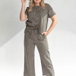 Piper & Scoot The Kathleen Checkered Blouse In Black + Taupe Tops