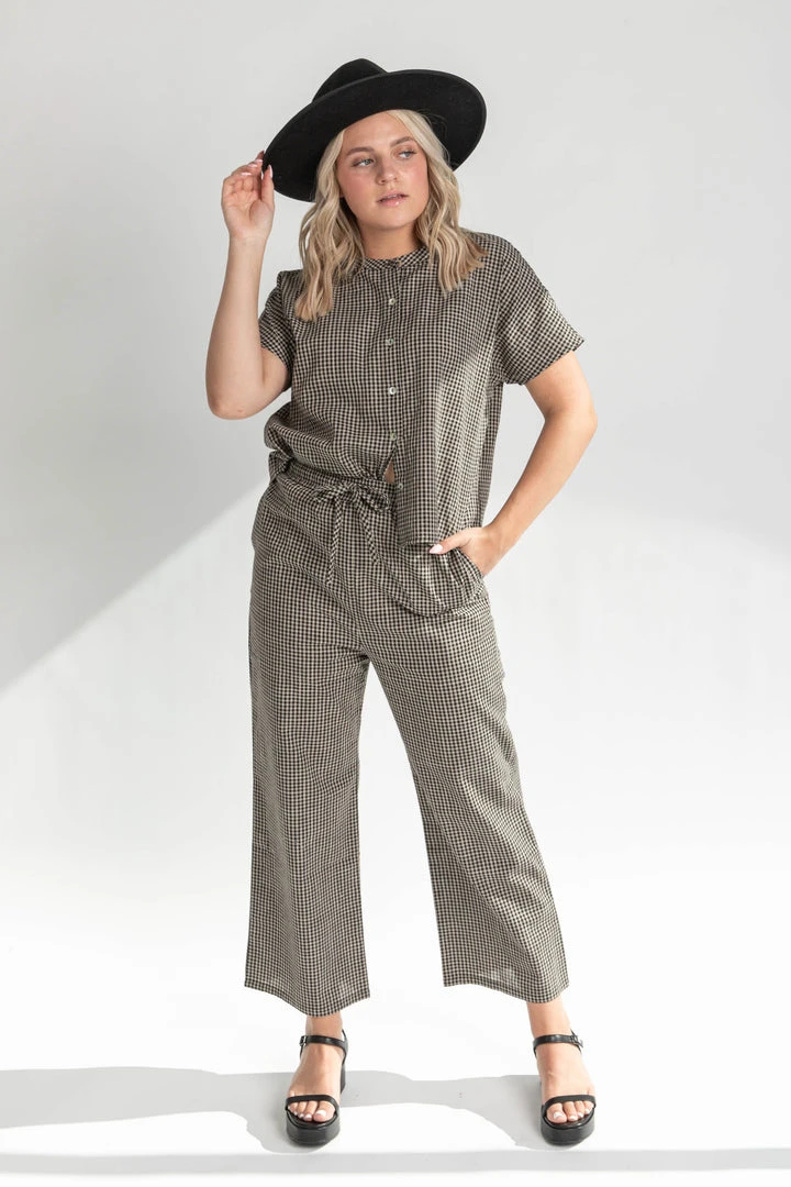 Piper & Scoot The Kathleen Checkered Blouse In Black + Taupe Tops