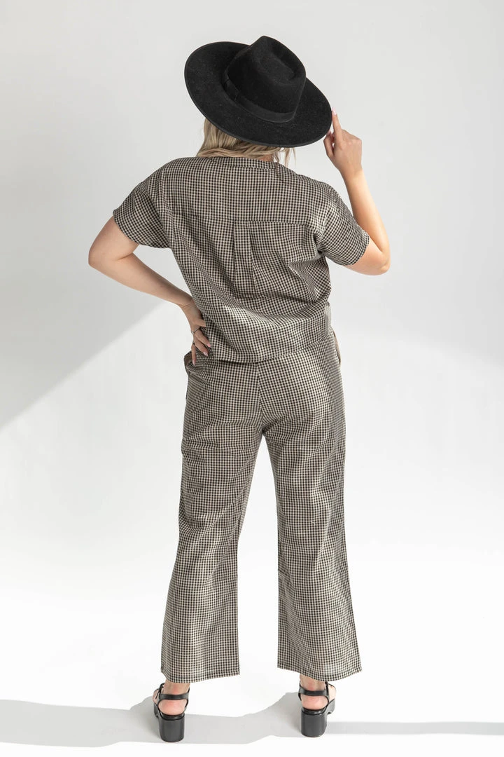 Piper & Scoot The Kathleen Checkered Blouse In Black + Taupe Tops