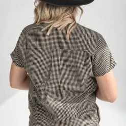Piper & Scoot The Kathleen Checkered Blouse In Black + Taupe Tops