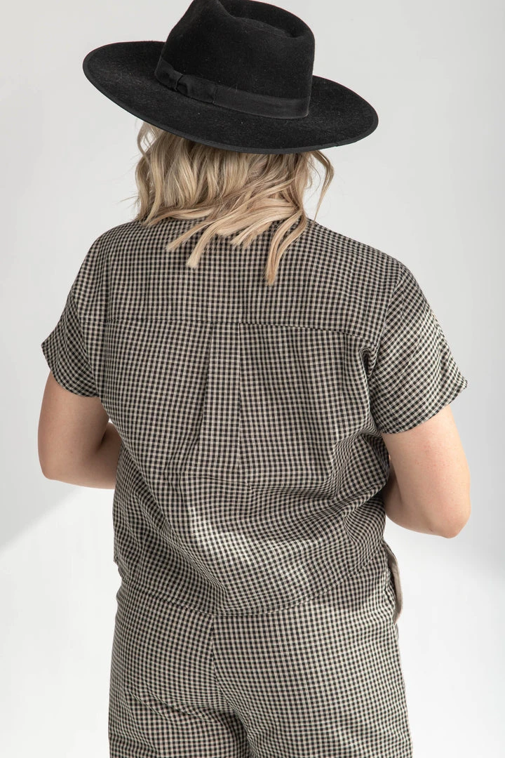 Piper & Scoot The Kathleen Checkered Blouse In Black + Taupe Tops