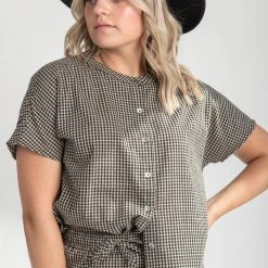 Piper & Scoot The Kathleen Checkered Blouse In Black + Taupe Tops